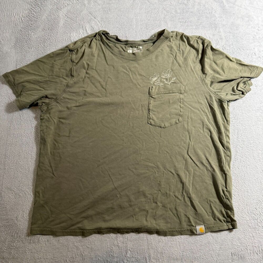 Carhartt Womens L Green Short Sleeve Embroidered Shirt Loose Fit Pocket Tee